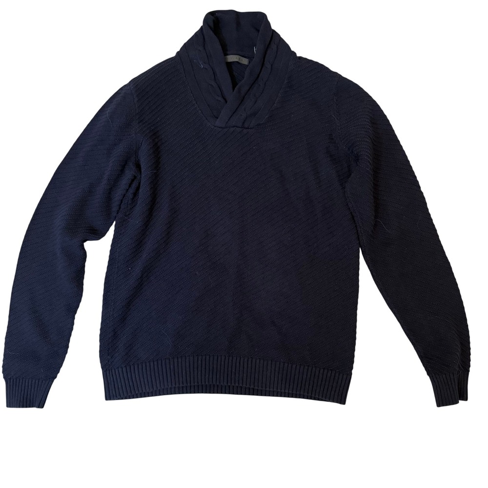 Sean John Mens‎ Navy Blue Shawl Collar Textured Knit Cotton Sweater Large